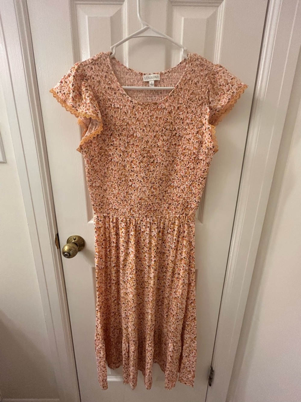 Luxology Peach Floral Smocked Midi Dress